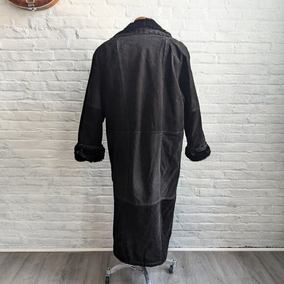 Vintage Black Suede Leather Trench Coat Fur Trim Leather Winter Jacket Large - Picture 4 of 11